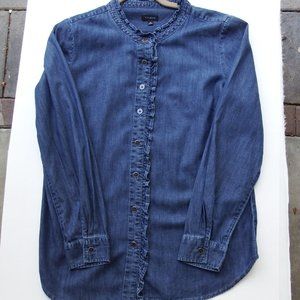 Talbots Blue Denim Ruffle Band Collar Button Down Size Medium Pristine